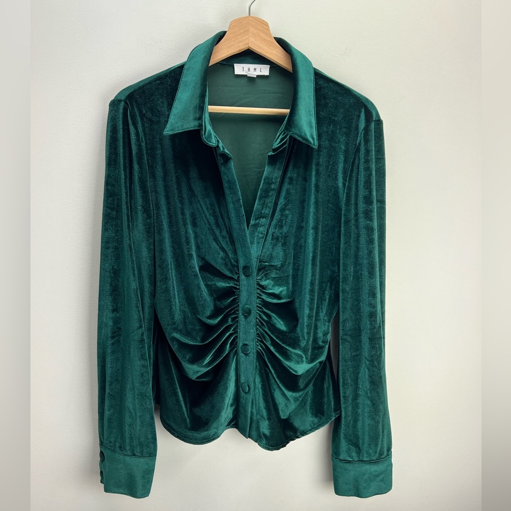 THML Velvet Top Emerald Green Long Sleeve Ruched Womens Large Elegant Glam
